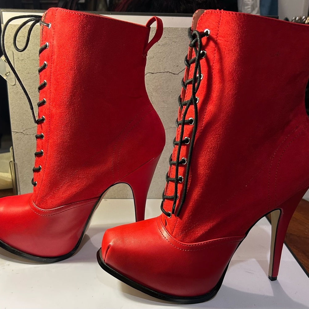 Red Lace-Up Ankle Boots by Beau +Ashe